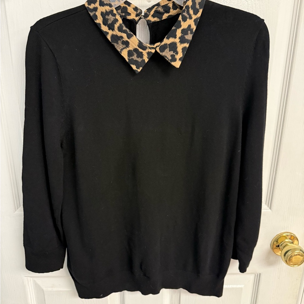 Talbots Black Blouse with Leopard Print Collar sz LP
